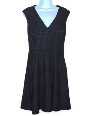 Trina Turk Dress V-Neck Cutout Back Blue & Black Textured Fit & Flare Sz 10
